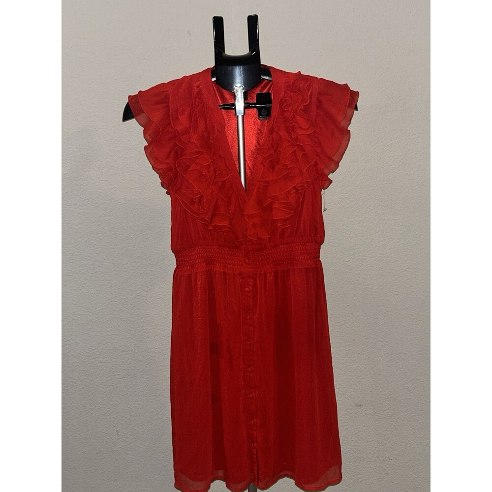 H&M Red Chiffon Ruffle Front Dress Sleeveless V-Neck Size 8 Flirty Party Mini